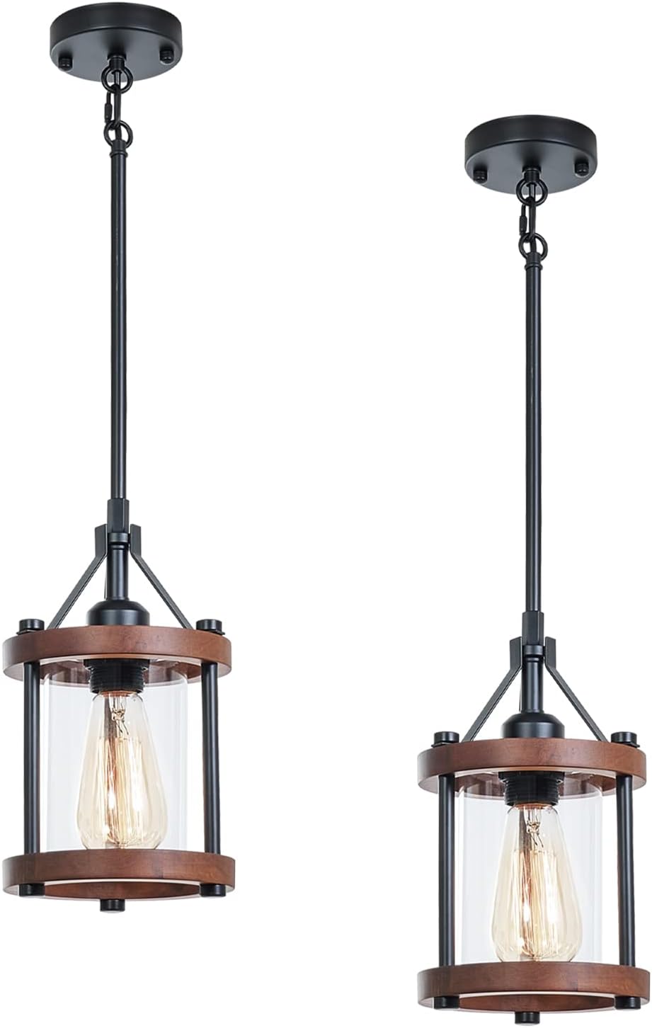 Farmhouse Pendant Light, Rustic Walnut Wood Metal Cage Hanging Light Fixtures...