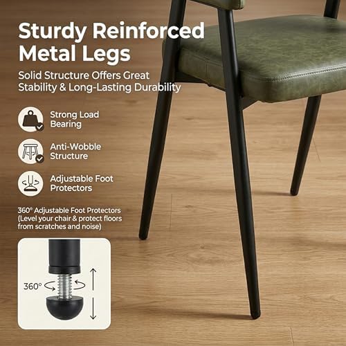 HNY Modern Dining Room Arm Chairs Set of 2, Green Retro Faux Leather Upholste...