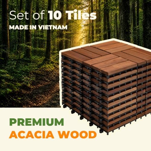 Jurax Interlocking Wood Deck Tiles, 10Pcs Patio Flooring, Walnut