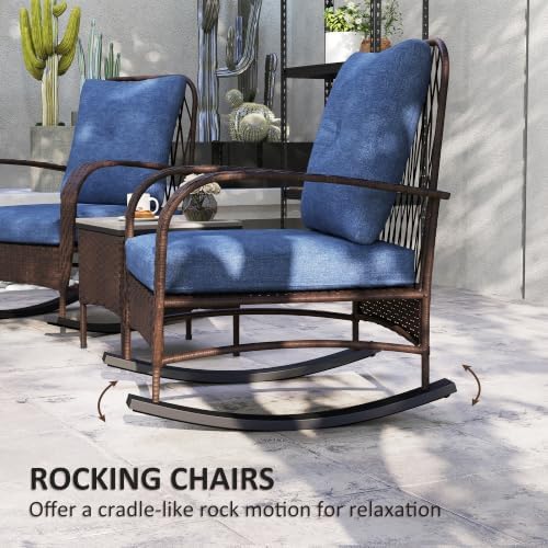 Outsunny 3 Piece Wicker Patio Furniture Set Rocking Chairs Cushions Brown