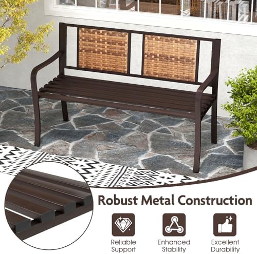 Giantex Outdoor Bench with PE Rattan Backrest, Curved Armrests, Slatted Seat ...