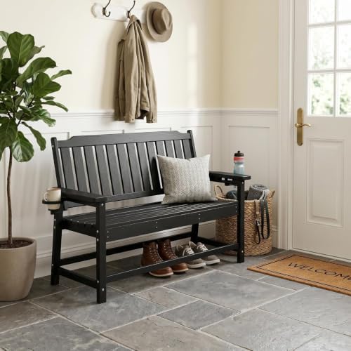 HDPE Outdoor Bench with Cup Holder All-Weather Fade Resistant Porch Bench