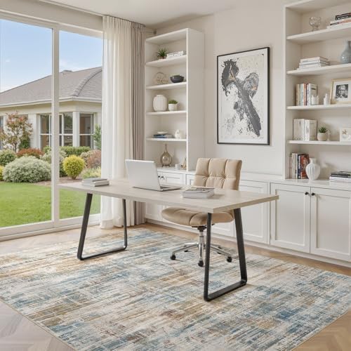 UERMEI 9x12 Area Rug for Living Room Washable Abstract Blue Brown Carpet