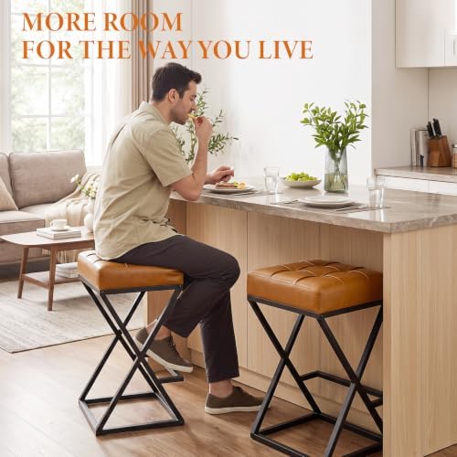 Bar Stools Set of 3, 26 Inch Counter Height Stool Faux Leather Brown