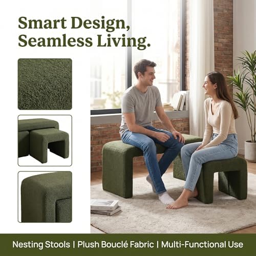 LukeAlon 3-Piece Nesting Ottoman Bench Set, 40.5" Wide Upholstered End o...