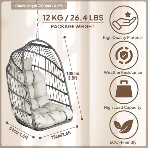 Chihee Egg Chair Foldable Wicker Rattan Hanging Swing Chair Indoor Outdoor Pa...