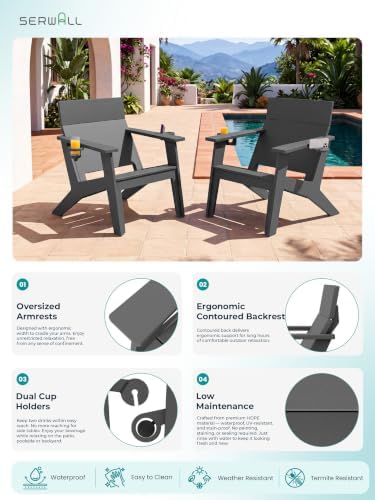 SERWALL Modern Adirondack Chairs Set of 2, Cup‑Holder, Solid Backrest, Grey