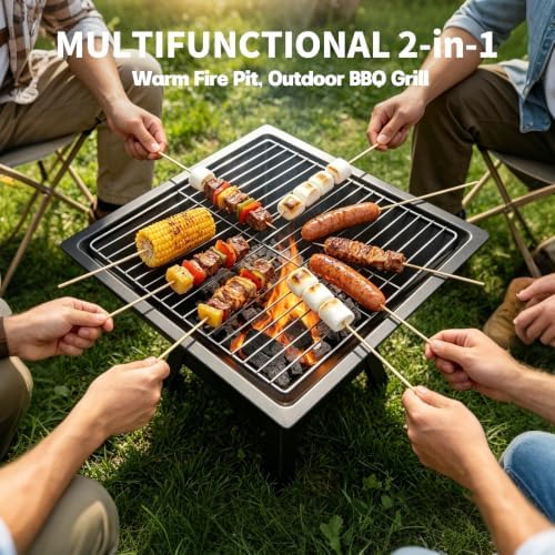 Square Fire Pit, 19×19×15 Inch Stainless Steel Smokeless firepit Outdoor | Wo...