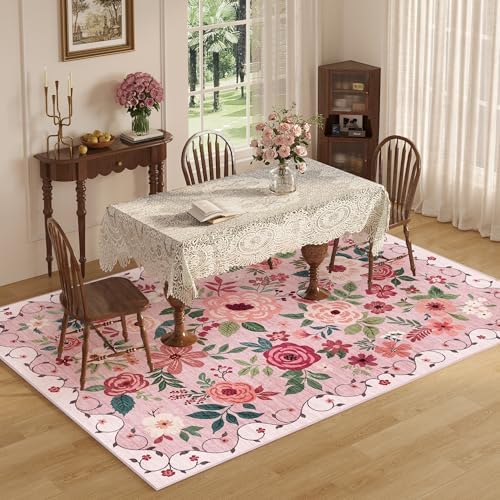 DUKINO 5x7 Area Rugs, Floral Washable Rug for Living Room Non Slip, Pink