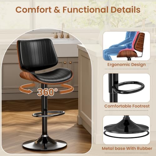 YaFiti Bentwood Swivel Bar Stools Set of 2, Bar Stools for Kitchen, Black