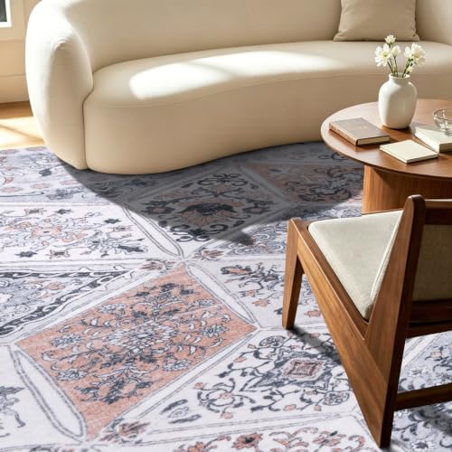 Moroccan Patchwork Washable Area Rug 6x9 for Living Room, Ivory Beige
