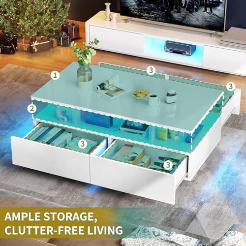 DWVO LED Coffee Table with Storage 4 Drawers, Modern High Glossy Coffee Table...