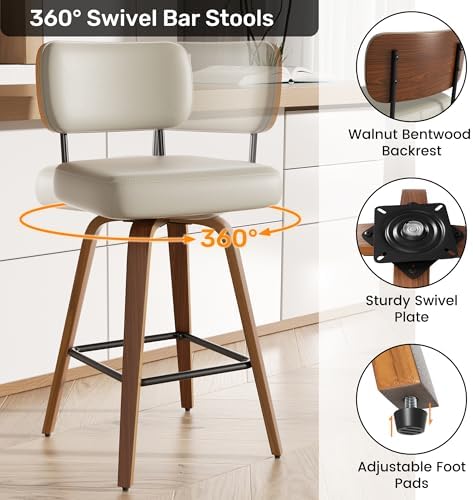Swivel Bar Stools Set of 3, 26" Upholstered Faux Leather Counter Height ...