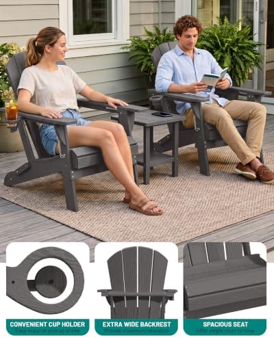 PLUUV Adirondack Chair Set of 2, Fire Pit Chairs with Cup Holder, Grey
