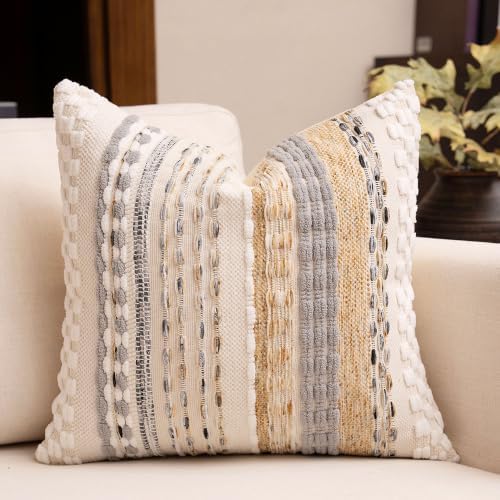 Boho Chenille Tufted Throw Pillow Covers 18x18 Inch Set of 2 Farmhouse Beige ...