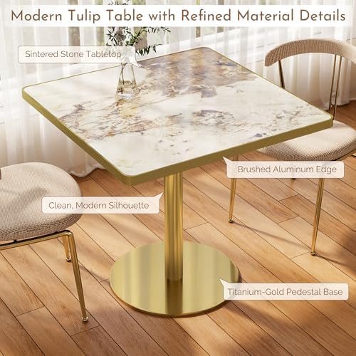 31.5 Inch Square Tulip Table with Thickened Sintered Stone Tabletop & Gol...