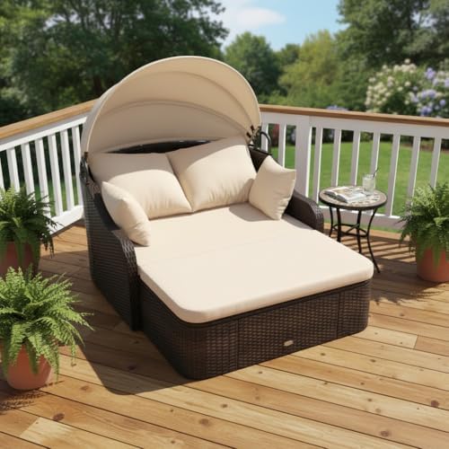 Tangkula PE Rattan Patio Daybed with Retractable Canopy, Double Lounge Bed wi...