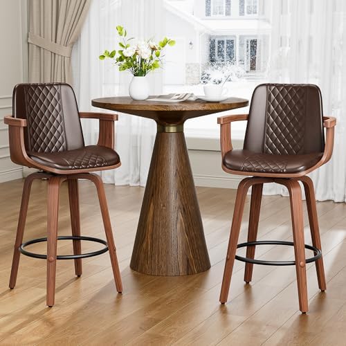 REONEY Barstools Set of 1, 26inch Counter Height Swivel Bar Chairs, Brown