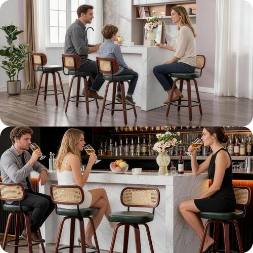 KEEZY Natural Rattan Bar Stools Set of 2, 26 Inch Counter Height Barstools wi...