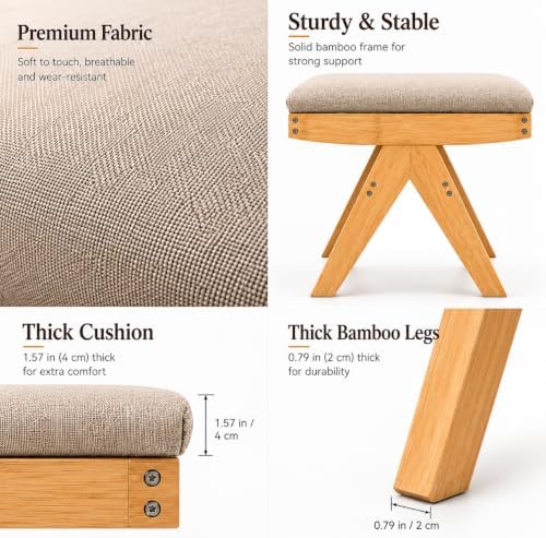 BAMBOOHOMIE Square Foot Stool Ottoman, Large Vanity Stool with Thickened Bamb...