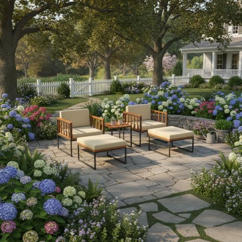 Tangkula 5 Pieces Acacia Wood Patio Furniture Set with Ottomans, Outdoor Conv...
