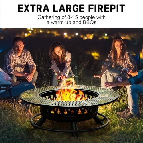 47 Inch Outdoor Fire Pit with 2 Grills, Wood Burning Large Fireplace Table