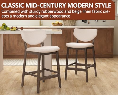 PrimeZone 26 Inch Kitchen Counter Height Barstools Set of 2, Walnut & Beige