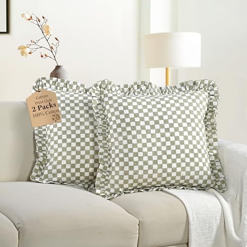 CPC Sage Gingham Print Ruffle Throw Pillow Cover 18x18 Inch, Pack of 2