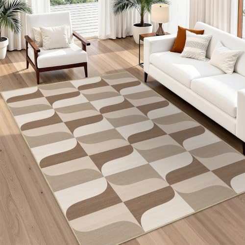 Area Rug 5x7 Modern Geometric Rug Neutral Beige Brown Abstract Mid Century Mo...