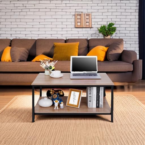 SUPER DEAL 2-Tier Industrial Coffee Table with Storage Shelf for Small Apartm...