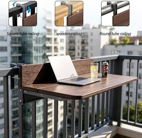 Balcony Bar Table for Railings, Outdoor HDPE Hanging Folding Adjustable Heigh...