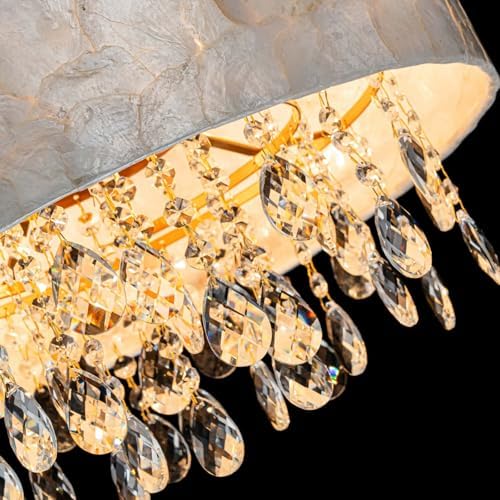 LumFurn D18in Drum Capiz Shell Crystal Chandeliers, 4-Light Coastal Style Lig...