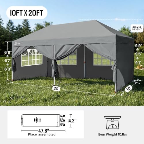 CROWN SHADES 10X20 Pop Up Canopy Tent with Sidewalls, Instant Setup, Gray