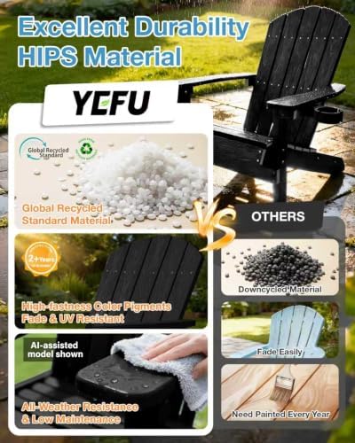 YEFU Adirondack Chair with Cup Holder, All-Weather Outdoor Chair, Black
