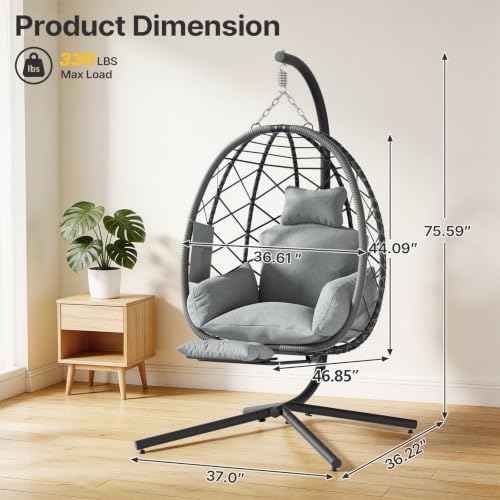 Suteck Hanging Egg Chair with Adjustable Footrest & Stand, Grey
