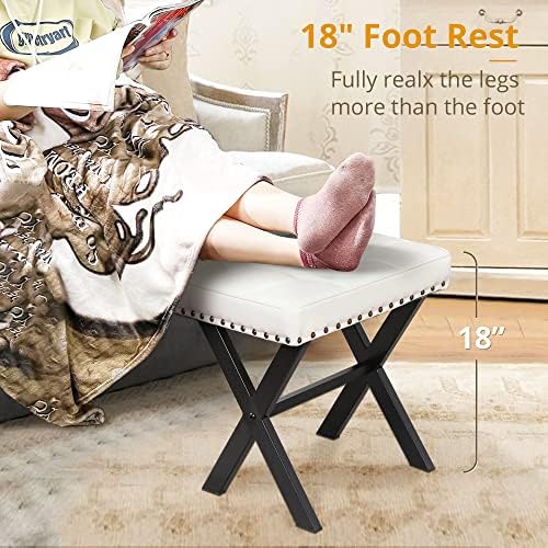 LUE BONA White Vanity Stool - Square Faux Leather Makeup Seat With Metal X Le...