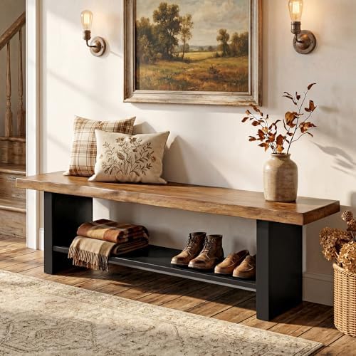 55" Solid Wood Bench with Shoe Storage, 2-Tier Farmhouse Entryway Bench,...