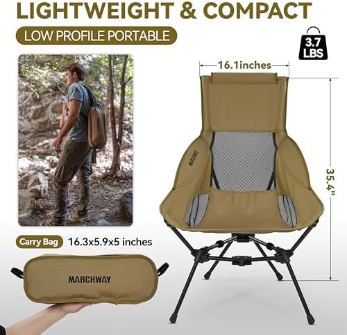 MARCHWAY Lightweight Folding High Back Camping Chair with Head Support, Stabl...