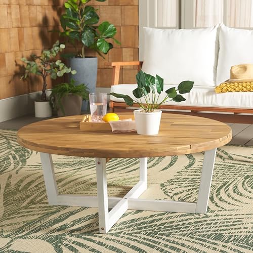 SAFAVIEH Outdoor Leo Wood Coffee Table, 39.4" Natural/White PAT7320A