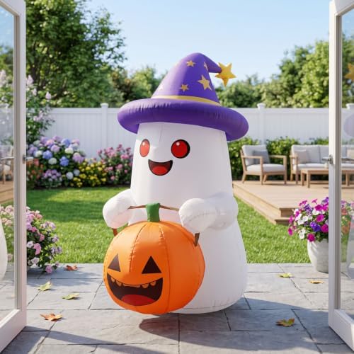 5 FT Halloween Inflatables Decor, Cute Inflatable Ghost with Pumpkin, Built-i...