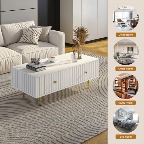 HedoAjim Modern Coffee Table with Storage with 2 Big Drawers, White Rectangle...