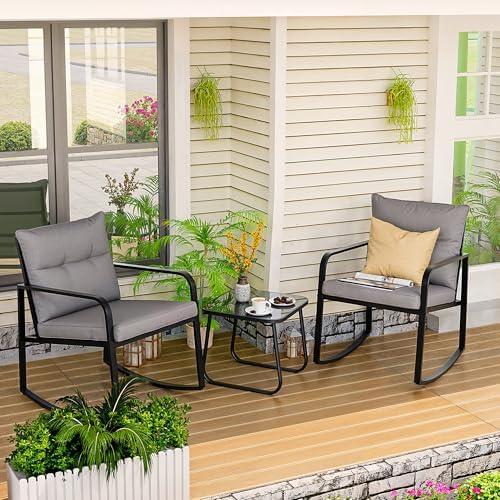 Gizoon 3 Piece Rocking Bistro Set, Black Steel Patio Furniture,Grey Cushion
