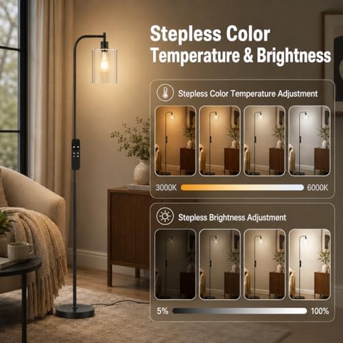 Wio-Mio Industrial Floor Lamp with Glass Shade, LED Bulbs Included