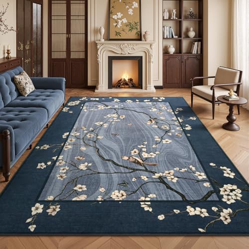 6x9 Navy Blue Oriental Floral Bird Butterfly Print Area Rug