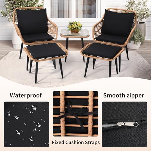 KROFEM 5 Piece Wicker Bistro Patio Conversation Furniture Set, Natural