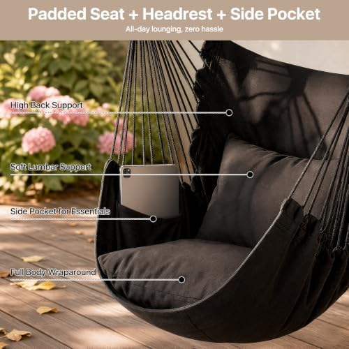 Athena Collection Hammock Chair Hanging Rope Swing, Black