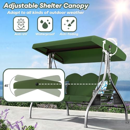 ZZW 3 Seat Outdoor Porch Patio Swing with Stand 800lbs 2-in-1 Convertible Swi...