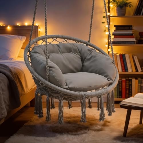 Monibloom Hanging Hammock Chair with Cushion, Macrame Swing Chair, Gray