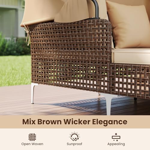 Tangkula Outdoor Rattan Daybed with Retractable Canopy, Boho Patio Wicker Sun...
