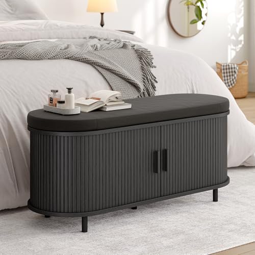 ONBRILL 43" Shoe Bench with Storage, Fluted Shoe Storage Bench, Black